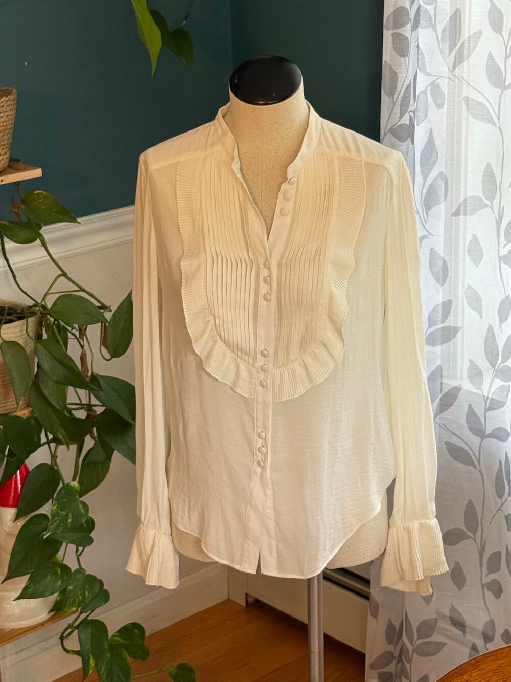 Free People Victoria Pleated Ruffle Button Down Blouse - Cream / Ivory - Small